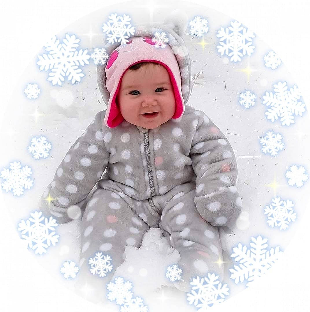 Barbara joined the competition — help win amazing prizes! baby, child, headwear, hood, outerwear, pattern, person, pink, playing_in_the_snow, smile, snow, toddler, winter
