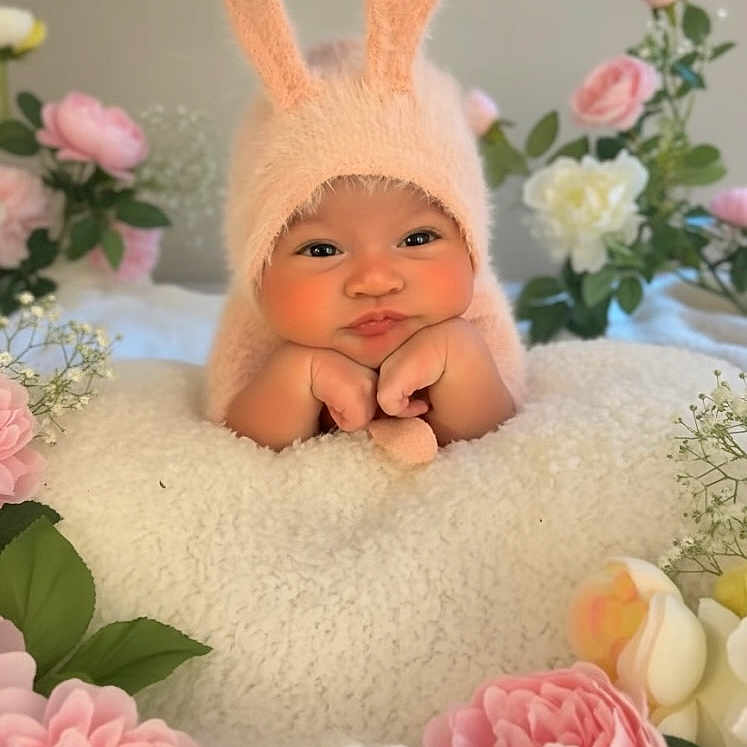 Vaiolet is registered to the contest to win money with this photo: adorable, baby, bunny_hat, closeup, cushion, cute, decor, face, flowers, fluffy, hands, headwear, indoor, infant, pastel, pink, portrait, resting, roses, soft_texture