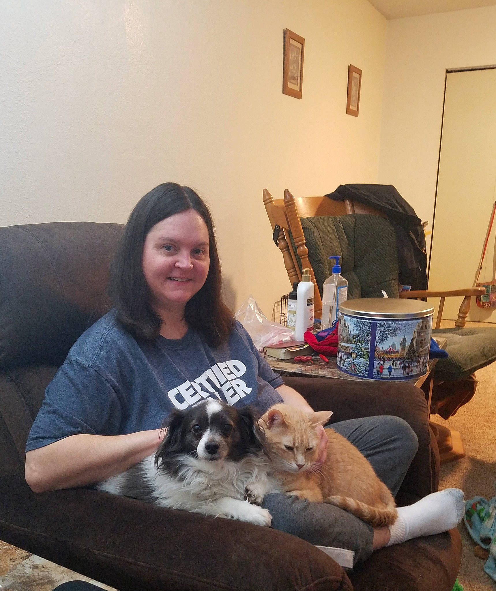 Checkers is registered to the contest to win money with this photo: carnivore, chair, comfort, companion_dog, couch, dog_breed, fawn, felidae, flooring, fur, furniture, lamp, lap, linens, living_room, picture_frame, room, sitting, small_to_medium_sized_cats, table