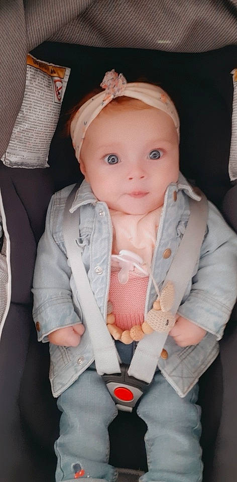 Mya participe au concours pour gagner de l'argent avec cette photo : baby, baby_carriage, baby_products, baby_toddler_clothing, cap, cheek, child, eye, eyebrow, eyelash, finger, headwear, lip, organ, person, pink, product, skin, sleeve, thumb