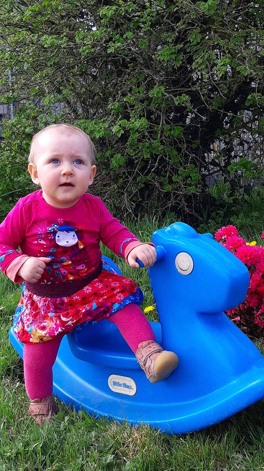 Andréa Rose a rejoint le concours — aidez-le/la à gagner de superbes lots ! baby, baby_toddler_clothing, blue, fun, garden, grass, happy, lap, leisure, magenta, people_in_nature, person, photograph, pink, plant, recreation, red, riding_toy, sitting, toddler