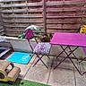 cat, outdoor, purple_table, purple_chair, wooden_fence, concrete_wall, green_plants, cooling_mat, cat_scratch_car, ball, patio, paved_floor, artificial_grass, pet_accessory, furniture, seat_cushion, relaxed_cat, daylight, garden, playful