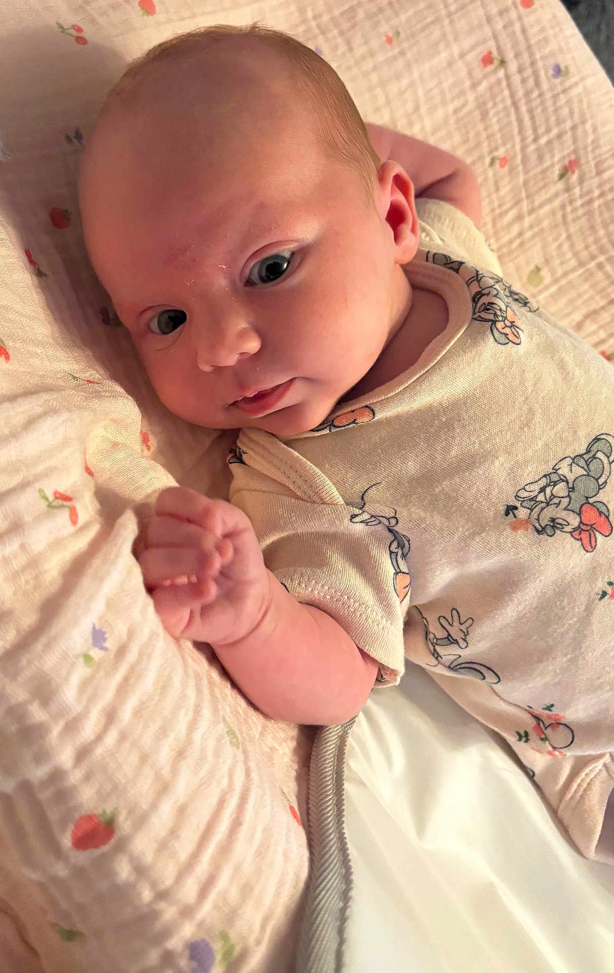 Cataleya joined the competition — help win amazing prizes! baby, infant, onesie, blanket, cute, face, hand, soft, pattern, cartoon, sleepwear, newborn, child, portrait, skin, expression, lying_down, indoor, young, curious