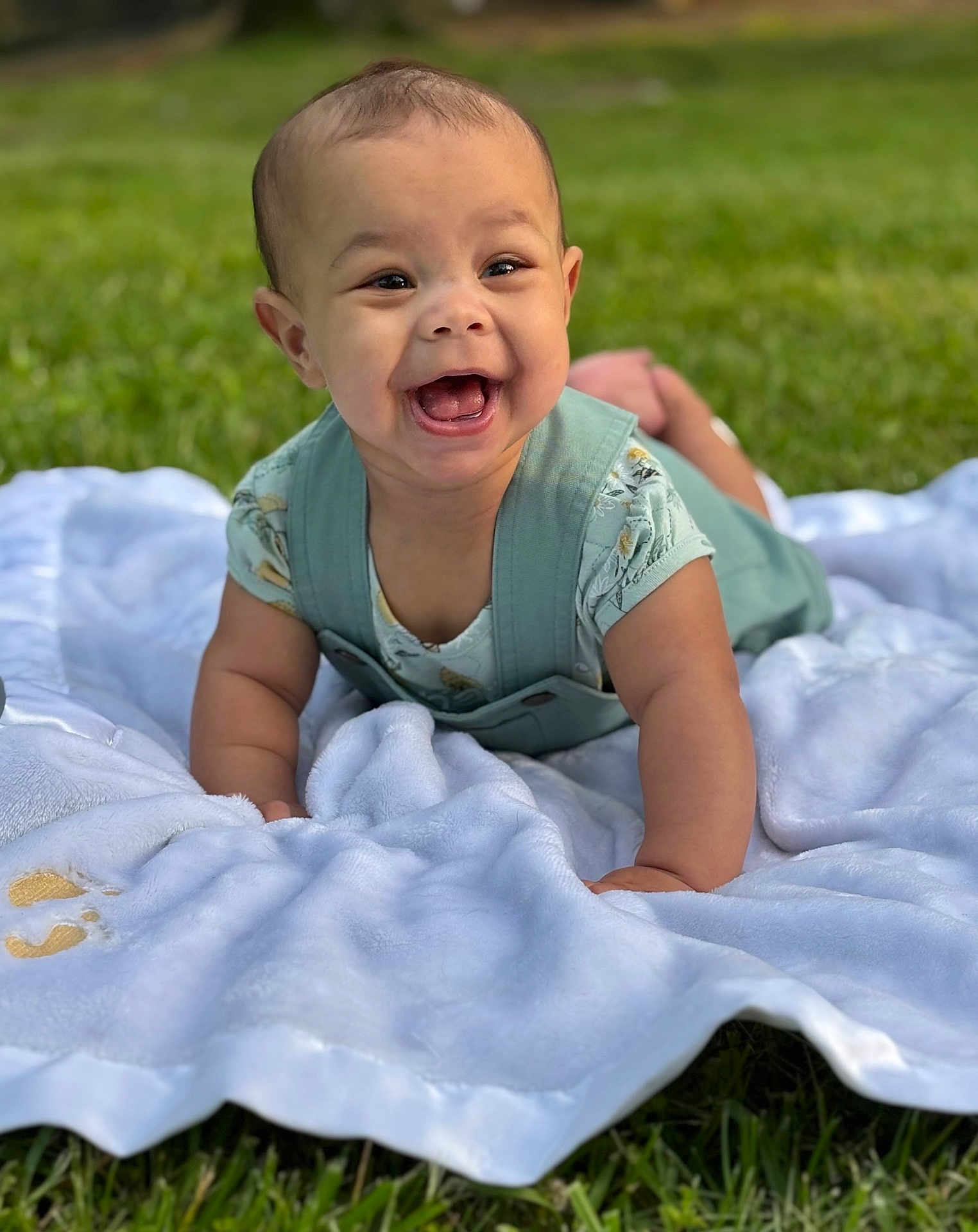 Tiana joined the competition — help win amazing prizes! baby, smiling, outdoor, grass, blanket, child, happy, cute, infant, toddler, clothing, person, face, portrait, greenery, nature, lying_down, young_child, playful, sunlight