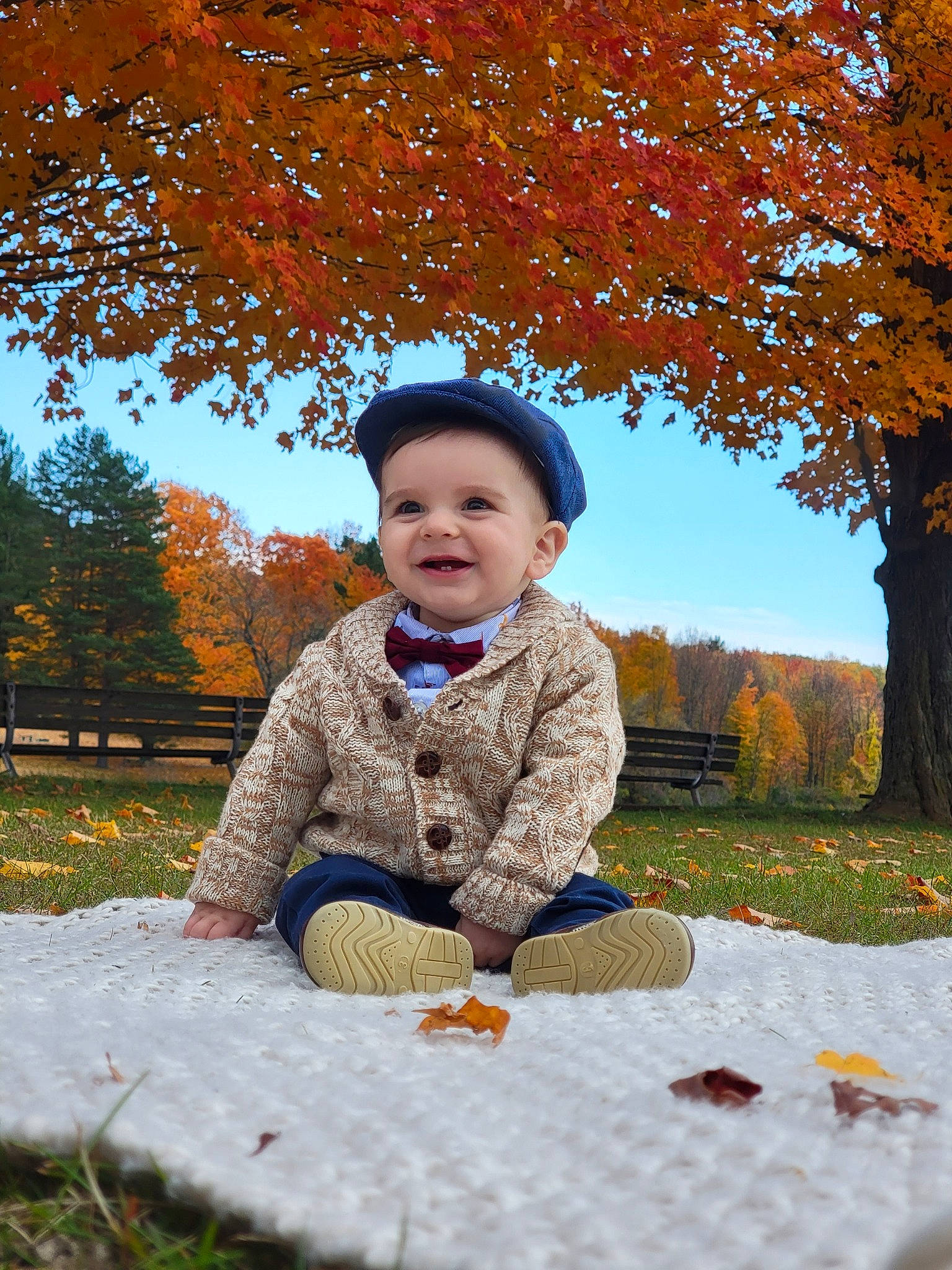 Alden is registered to the contest to win money with this photo: baby, baby_toddler_clothing, branch, deciduous, fun, grass, happy, headwear, joy, leaf, leisure, morning, nature, people_in_nature, person, plant, sky, smile, sunlight, tints_and_shades