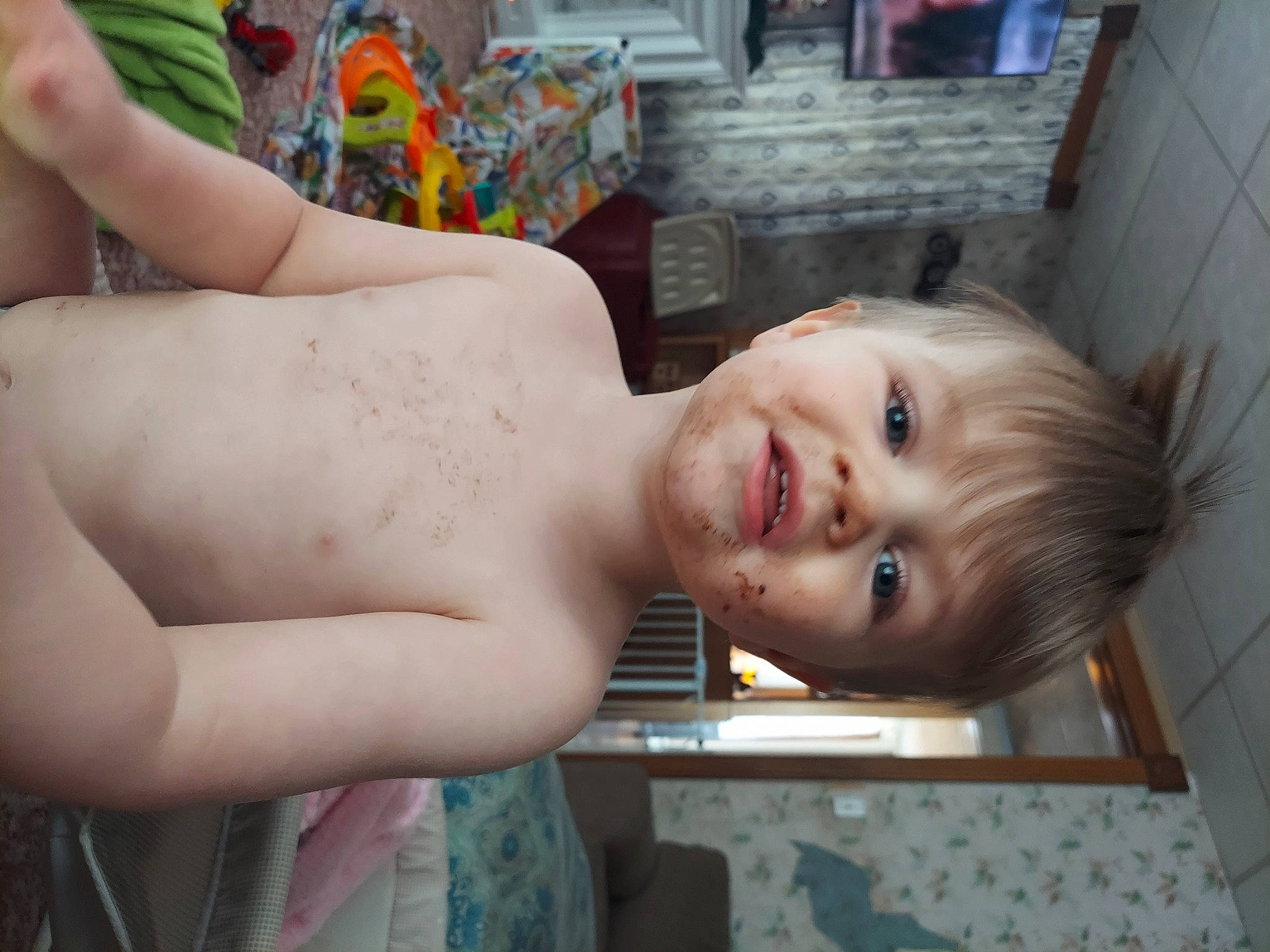 Gatlin joined the competition — help win amazing prizes! abdomen, barechested, bathing, cheek, chest, child, elbow, flesh, flooring, fun, happy, human_leg, jaw, leisure, muscle, person, sitting, smile, toddler, trunk