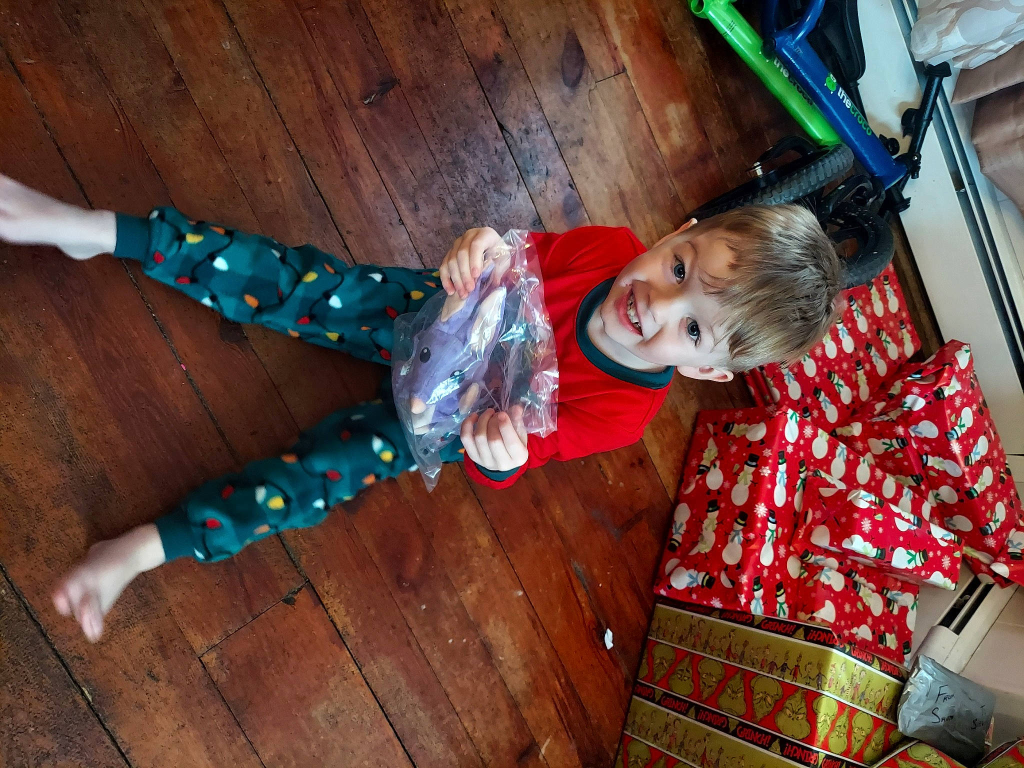 Gunnar joined the competition — help win amazing prizes! baby_toddler_clothing, child, costume, flooring, fun, happy, hardwood, joy, leisure, pattern, person, plaid, room, sitting, sock, tartan, textile, toddler, tree, wood