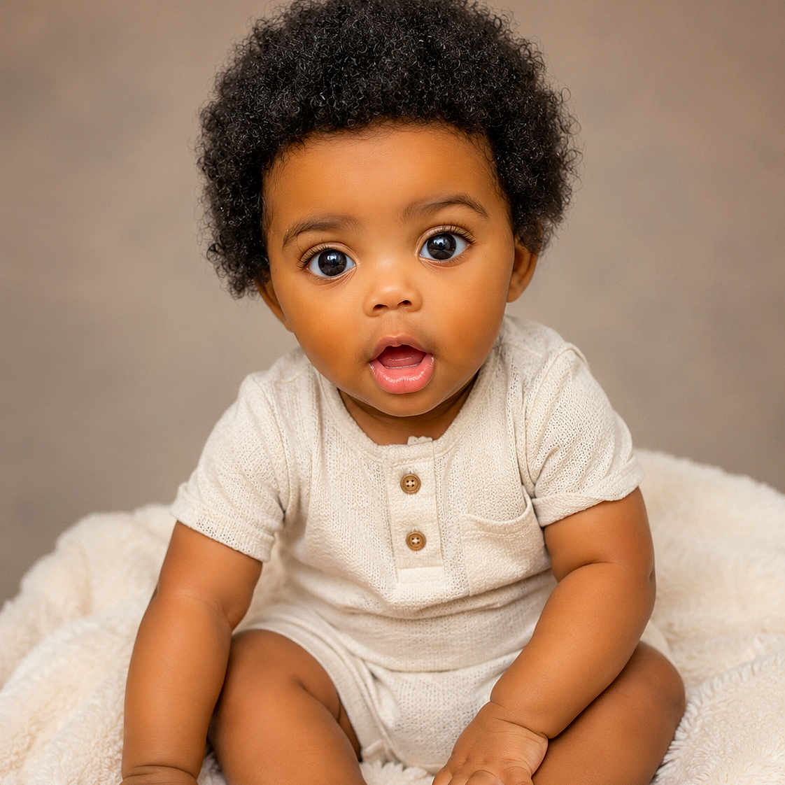 Amilliyon joined the competition — help win amazing prizes! baby, infant, curly_hair, cute, soft_blanket, sitting, expressive_eyes, skin, onesie, portrait, child, adorable, curious, hands, feet, indoor, studio, neutral_background, young, person