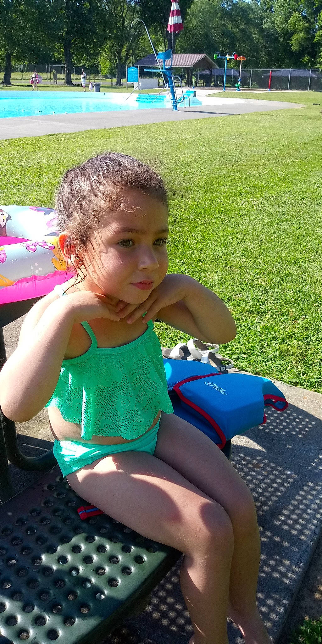 Kailani joined the competition — help win amazing prizes! baby, baby_toddler_clothing, child, fun, grass, green, happy, human_leg, lap, leg, leisure, outdoor_furniture, person, photograph, recreation, sitting, summer, swimwear, thigh, toddler