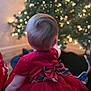 Athena joined the competition — help win amazing prizes! child, baby, toddler, christmas_tree, christmas_lights, red_dress, plaid_bow, back_of_head, hair_swirl, bokeh, ornament, holiday, festive, indoor, sitting, skirt, floor, soft_lighting, decorations, blurred_background