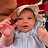 baby, child, person, adult, hat, smile, face, closeup, outdoor, umbrella, red, clothing, happy, love, nuzzle, skin, portrait, hand, cute, tender