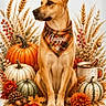 dog, canine, sitting, portrait, autumn, fall, pumpkins, wheat, berries, leaves, flowers, mug, bandana, brown_dog, pointed_ears, animal, seasonal, harvest, phone_screenshot, browser