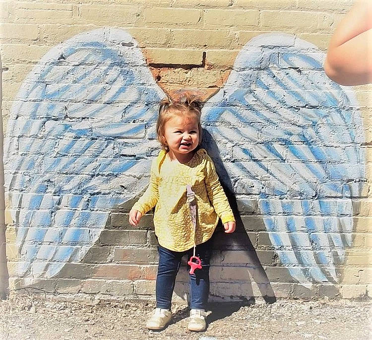 Emmalee is registered to the contest to win money with this photo: adaptation, art, asphalt, brick, child, concrete, fashion_accessory, fun, happy, outerwear, pattern, people, person, road, road_surface, sidewalk, sitting, standing, tints_and_shades, toddler