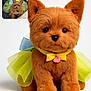 adorable, animal_figure, bow, brown_fur, comparison, costume, cute, decorative, dog, dress, fabric, fluffy, isolated_background, pet, plush_toy, portrait, small_dog, studio_lighting, toy, yellow_tutu