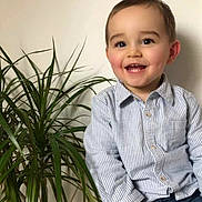 Malhon a rejoint le concours — aidez-le/la à gagner de superbes lots ! toddler, child, smiling, indoor, houseplant, striped_shirt, jeans, stool, happy, portrait, casual, young_child, person, cute, short_hair, sitting, green_plant, wall, light, home