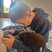 Axo a rejoint le concours — aidez-le/la à gagner de superbes lots ! boy, casual_clothing, controller, couch, dog, door, floor, focused, hoodie, indoor, jeans, kitten, lap, pet, relaxation, short_hair, technology, tile, video_game, window