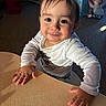 baby, child, cute, floor, furniture, hands, happy, indoor, infant, light, person, playroom, room, shelf, smile, sweatshirt, table, toddler, wood, young_child