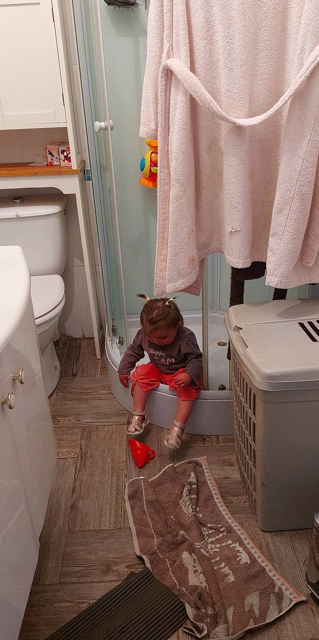 Lola participe au concours pour gagner de l'argent avec cette photo : bathroom, carmine, curtain, fashion_design, floor, flooring, hardwood, household_supply, interior_design, linens, packaging_and_labeling, paper_product, peach, person, plumbing, plumbing_fixture, room, tile, toilet, under_exposed