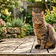 Youki a rejoint le concours — aidez-le/la à gagner de superbes lots ! cat, tabby_cat, wooden_deck, garden, plants, flowers, greenery, outdoor, nature, animal, pet, feline, sitting, curious, portrait, daylight, leaves, wood, fur, eyes