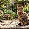 cat, tabby_cat, wooden_deck, garden, plants, flowers, greenery, outdoor, nature, animal, pet, feline, sitting, curious, portrait, daylight, leaves, wood, fur, eyes
