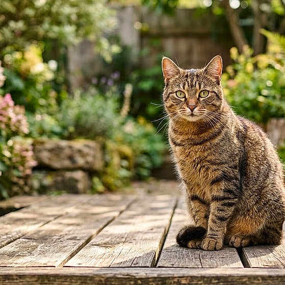 Youki a rejoint le concours — aidez-le/la à gagner de superbes lots ! cat, tabby_cat, wooden_deck, garden, plants, flowers, greenery, outdoor, nature, animal, pet, feline, sitting, curious, portrait, daylight, leaves, wood, fur, eyes