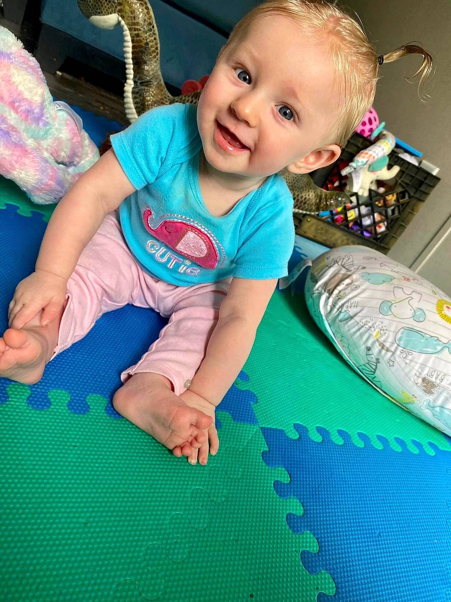 Cecelia joined the competition — help win amazing prizes! arm, baby, baby_toddler_clothing, cheek, child, electric_blue, eye, flooring, fun, grass, green, happy, head, pattern, person, product, skin, sleeve, smile, t_shirt