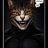 animal_face, anthropomorphic, artwork, black_suit, cartoon, cat, close_up, comic_style, dark_background, digital_art, fantasy, fictional_character, grinning, hybrid, illustration, muscular, portrait, sharp_teeth, speech_bubble, yellow_eyes