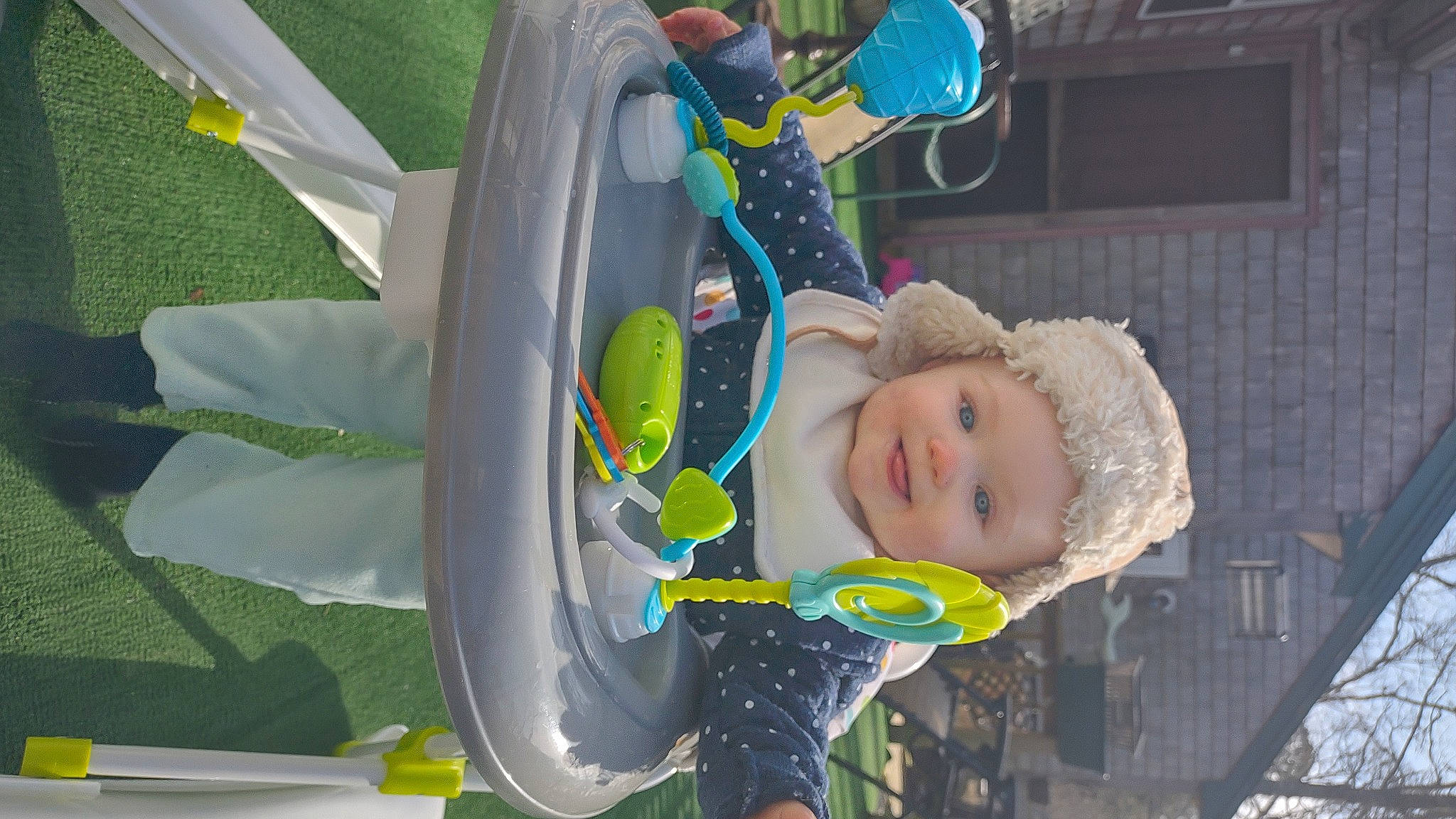 Josephine joined the competition — help win amazing prizes! automotive_wheel_system, baby, baby_products, baby_toddler_clothing, chair, child, fun, grass, happy, hat, headwear, leisure, person, play, recreation, smile, toddler, toy, vacation, wheel