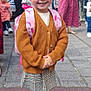 Agathe participe au concours pour gagner de l'argent avec cette photo : backpack, brown_cardigan, casual_clothing, child, crowd, daytime, fashion, girl, gold_shoes, happy, outdoor, people, pigtails, plaid_skirt, sidewalk, smiling, street, urban, white_socks, woman