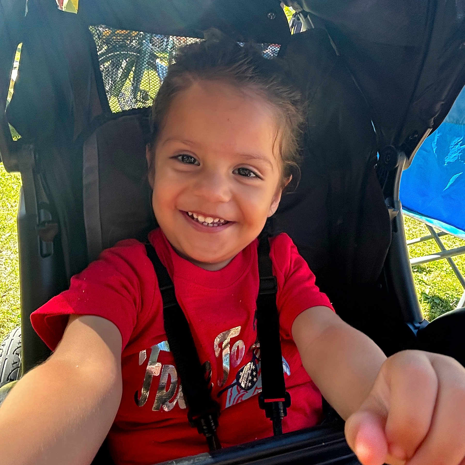 Art Iv is registered to the contest to win money with this photo: baby, casual_clothing, child, daytime, face, grass, hand, happy, outdoor, person, playful, portrait, reaching, red_shirt, seat, seatbelt, smiling, stroller, sunlight, young