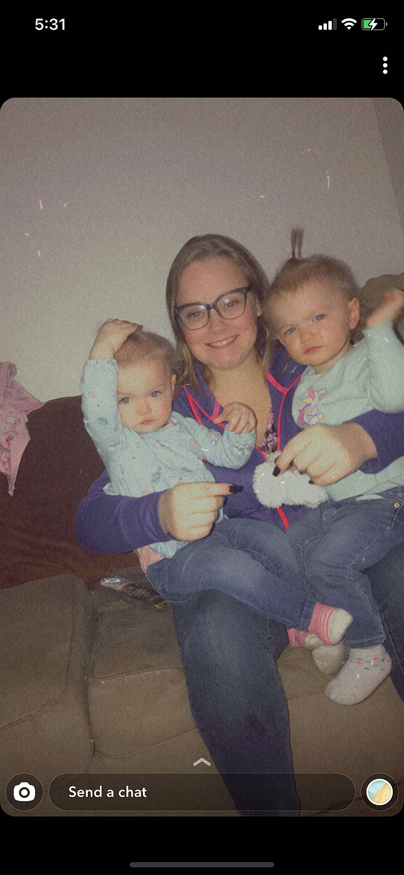 Arya And Sonja joined the competition — help win amazing prizes! cheek, chin, comfort, couch, eye, flash_photography, glasses, happy, interaction, iris, jeans, joy, lap, leg, mouth, muscle, person, shoulder, skin, smile