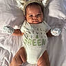 baby, infant, onesie, mittens, animal_ears, bed, white_bed, cute, lying_down, soft_lighting, portrait, child, sleepwear, smiling, chubby_arms, chubby_legs, indoor, cozy, adorable, happy