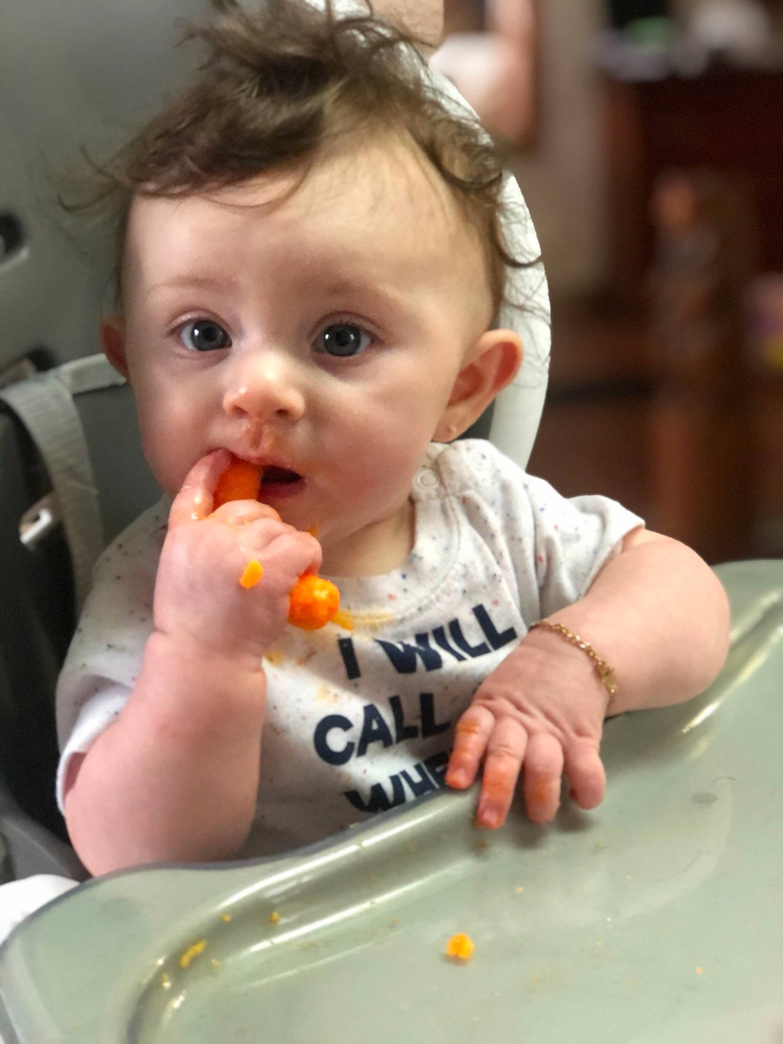 Calliope is registered to the contest to win money with this photo: baby, baby_food, baby_playing_with_food, child, comfort_food, eating, food, person, surprise, tableware, toddler