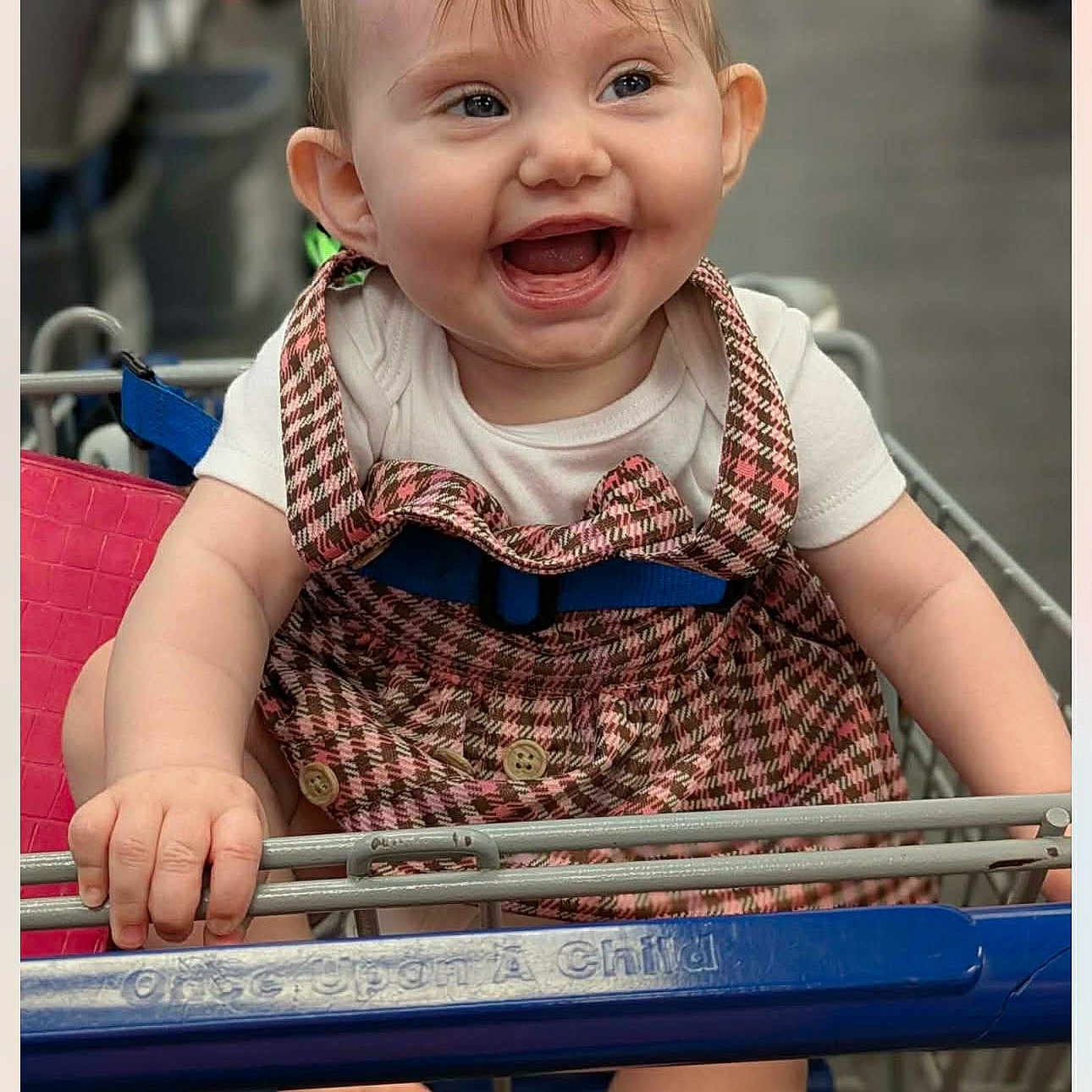 Akadia joined the competition — help win amazing prizes! baby, cart_seat, checkered_dress, child, cute, face, feet, hair, hands, happy, infant, laughing, onesie, pink, portrait, retail, seat_belt, shopping_cart, smiling, store