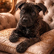 Rambo joined the competition — help win amazing prizes! puppy, dog, brindle, cute, pet, animal, portrait, indoors, armchair, cushion, vintage, ornate, furniture, brown, cozy, closeup, looking, young, domestic_animal, companion