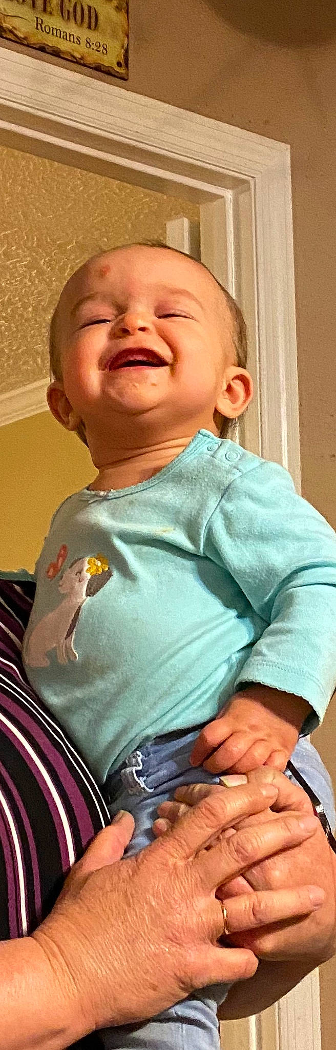 Aliza is registered to the contest to win money with this photo: baby, cheek, child, chin, facial_expression, laugh, neck, person, smile, t_shirt, toddler