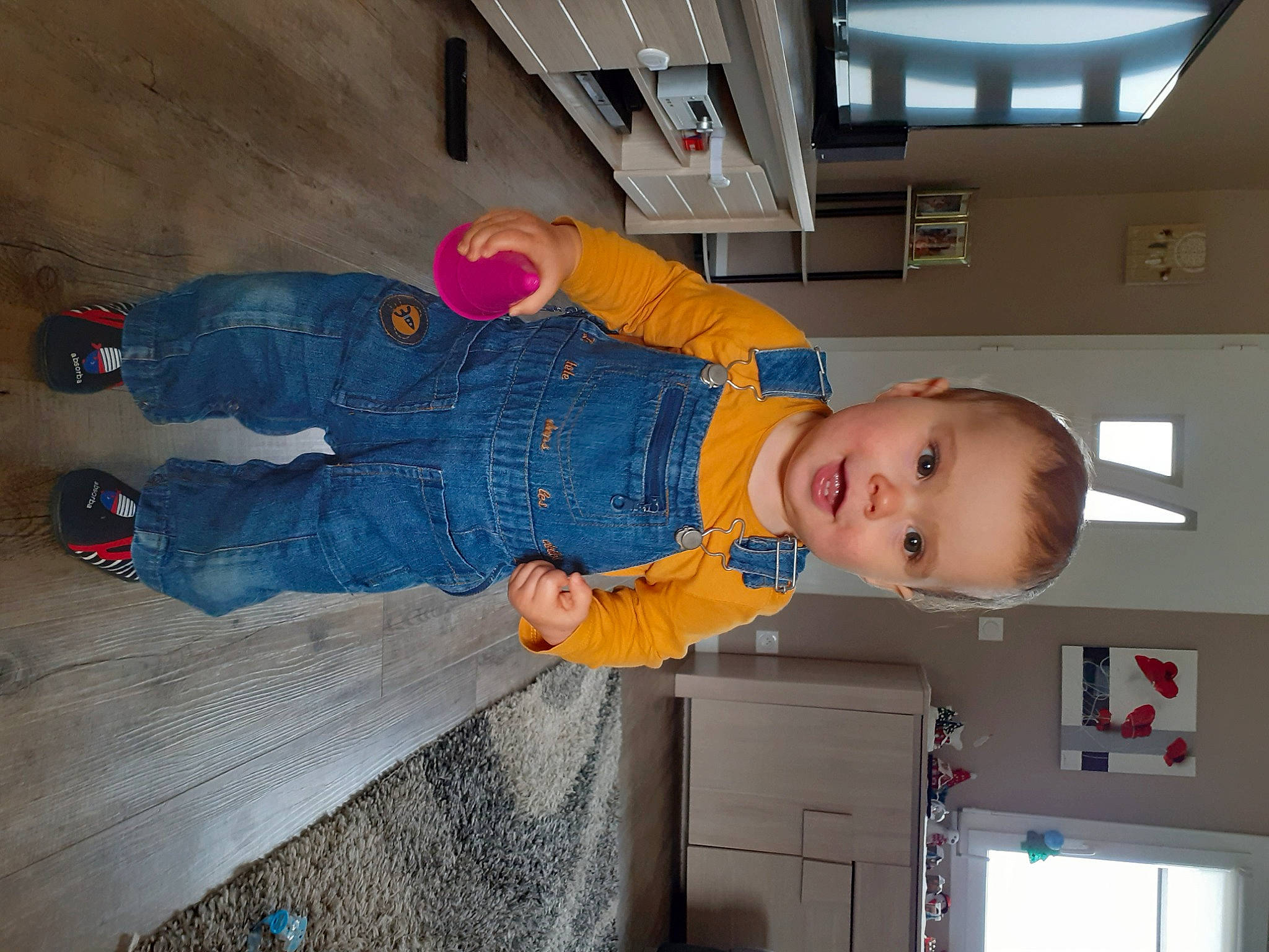 Mathéo participe au concours pour gagner de l'argent avec cette photo : baby, baby_toddler_clothing, ceiling, cool, daylighting, denim, home, jeans, organ, overall, person, space, standing, toddler