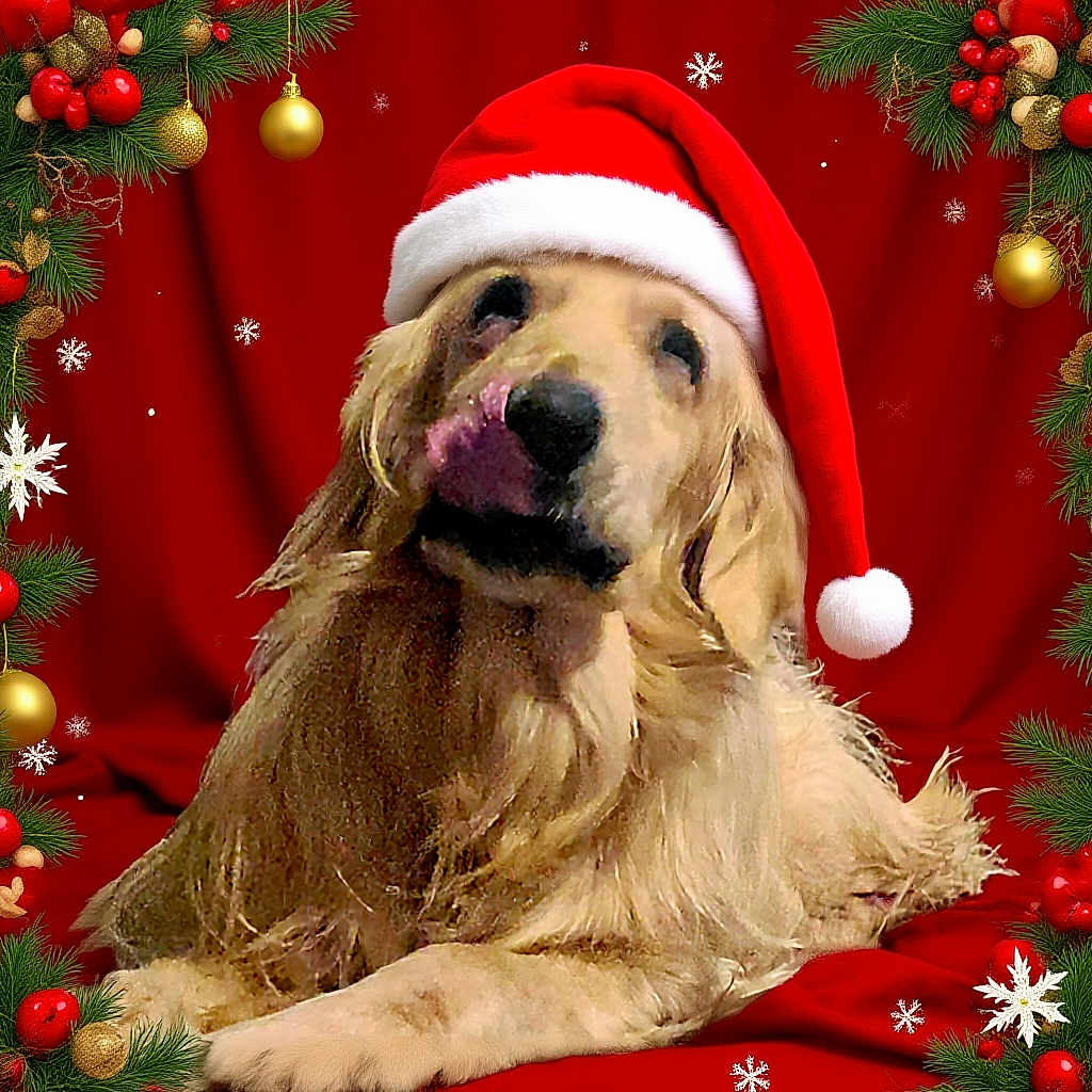 Cupcake joined the competition — help win amazing prizes! dog, golden_retriever, santa_hat, christmas, holiday, festive, red_background, snowflakes, ornaments, pine_branches, laying_down, pet, cute, seasonal, celebration, animal, holiday_decor, christmas_theme, winter, portrait