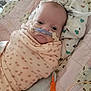 Cora is registered to the contest to win money with this photo: baby, infant, swaddled, blanket, medical_tubes, nasal_cannula, pacifier, quilt, heart_pattern, bee_pattern, nursery, bed, soft_toys, hospital, child, face, resting, indoors, person, cute