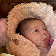 Maryem participe au concours pour gagner de l'argent avec cette photo : baby, infant, face, tongue, hoodie, fluffy, blanket, pink, cozy, newborn, cute, soft_texture, child, sleeping_area, warm, pacifier, expression, portrait, indoors, clothing