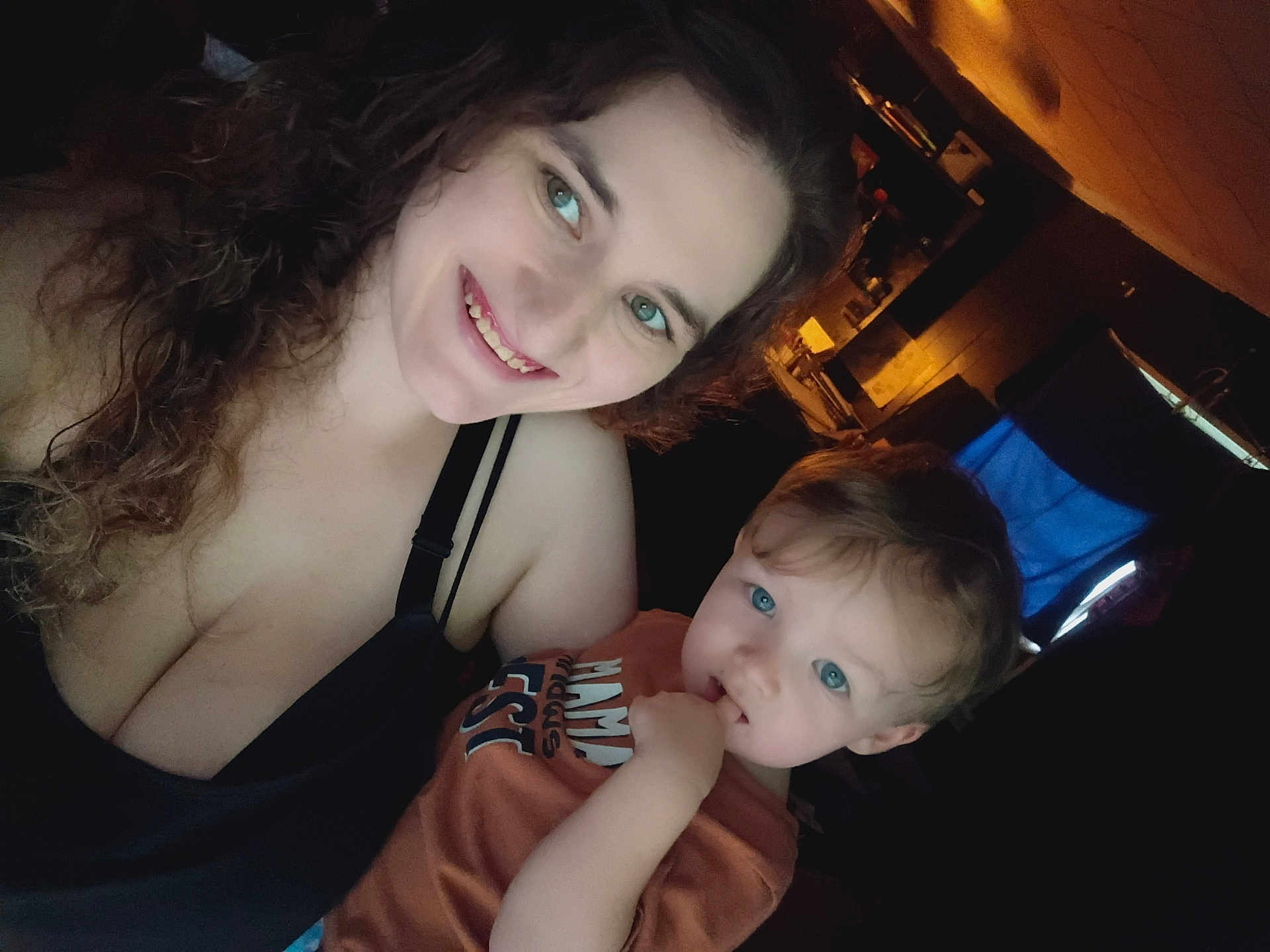 Jameson joined the competition — help win amazing prizes! woman, child, toddler, smile, curly_hair, blue_eyes, indoor, casual_clothing, portrait, family, person, happy, closeup, light, shadow, background, room, baby, young_child, skin