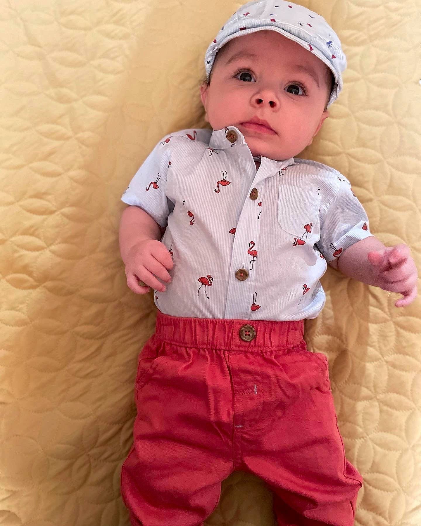 Chandler is registered to the contest to win money with this photo: arm, baby, baby_toddler_clothing, cap, cheek, child, collar, dress_shirt, face, hand, headwear, lip, magenta, neck, pattern, person, pink, skin, sleeve, textile