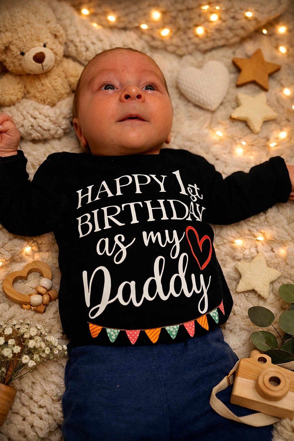 Vlad participe au concours pour gagner de l'argent avec cette photo : baby, infant, black_shirt, blue_pants, knitted_blanket, teddy_bear, heart_shape, star_shape, fairy_lights, wooden_toy, wooden_camera, flowers, greenery, lying_down, portrait, celebration, happy, cute, child, indoors