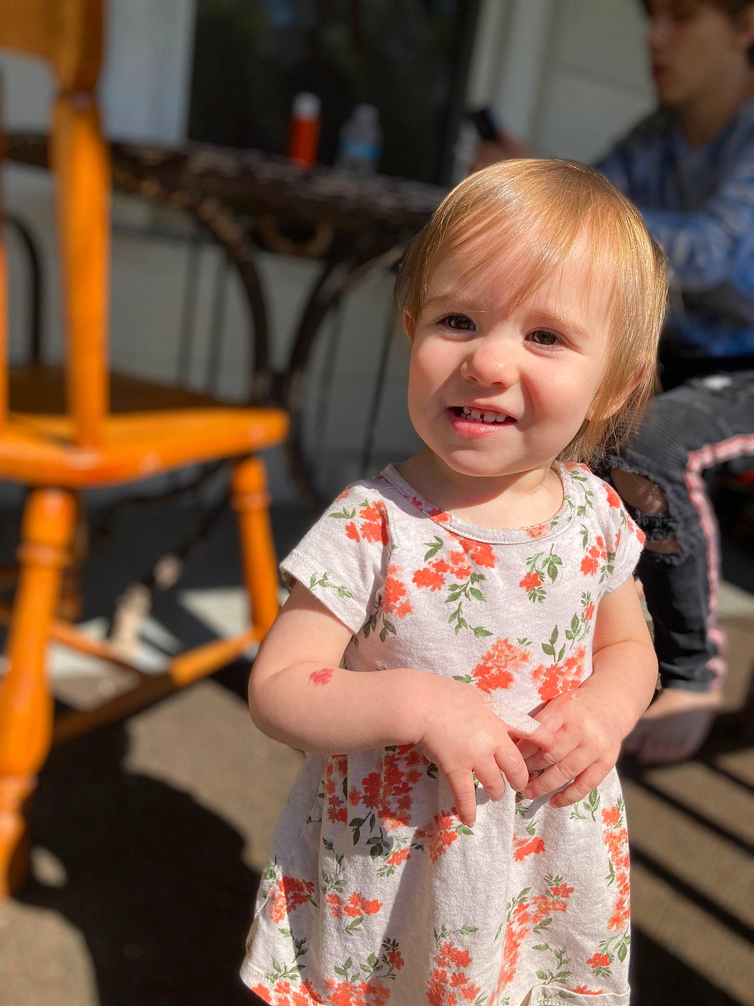 Olivia joined the competition — help win amazing prizes! baby, baby_toddler_clothing, chair, child, day_dress, dress, event, fun, happy, iris, joy, leisure, pattern, peach, person, sitting, skin, sleeve, smile, standing