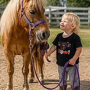 Aries is registered to the contest to win money with this photo: toddler, pony, child, animal, outdoor, smiling, rope, halfter, horse, fence, sunny, daylight, blond_hair, casual_clothing, boots, dirt_ground, pet, farm, cute, friendship