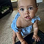 Millie joined the competition — help win amazing prizes! toddler, child, blue_striped_dress, indoor, carpet, stool, curious, big_eyes, baby_bracelet, person, young_child, candid, expression, furniture, home, hands, skin, hair, closeup, exploring