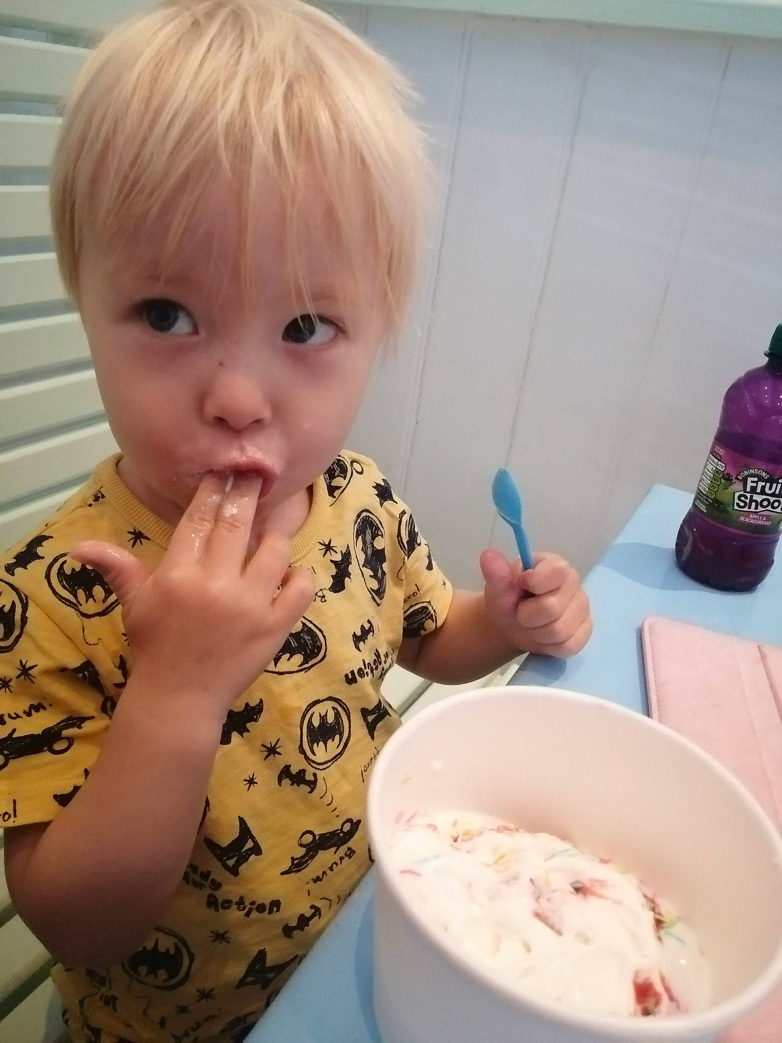 Koby Paul is registered to the contest to win money with this photo: baby_playing_with_food, bottle, cheek, child, comfort_food, cooking, cuisine, dish, dishware, finger, food, food_craving, ingredient, person, recipe, spoon, sweetness, t_shirt, table, tableware