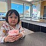 child, ice_cream, cup, spoon, table, diner, window, blue_sky, floral_sweater, indoor, face, person, short_hair, curious_expression, food, cold_dessert, plastic_spoon, seating, restaurant, light