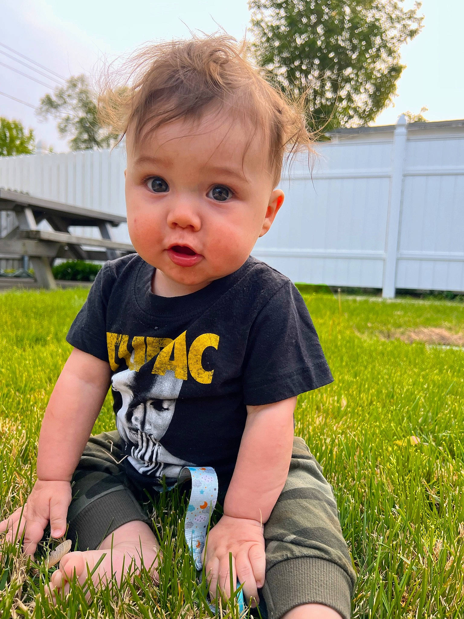 Malcolm is registered to the contest to win money with this photo: baby, baby_toddler_clothing, child, fun, garden, grass, grassland, happy, lawn, leisure, pattern, people_in_nature, person, plant, sky, sleeve, summer, sunlight, surprise, t_shirt