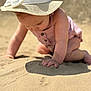 baby, child, sand, beach, hat, sunhat, romper, cute, exploring, hands, skin, outdoor, summer, daylight, curious, closeup, crawling, nature, infant, young